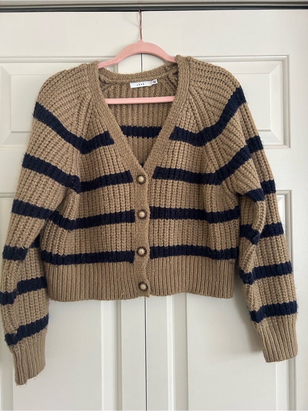 Lush Chunky Knit Khaki Tan & Navy Striped V-Neck Button Cardigan, Size M